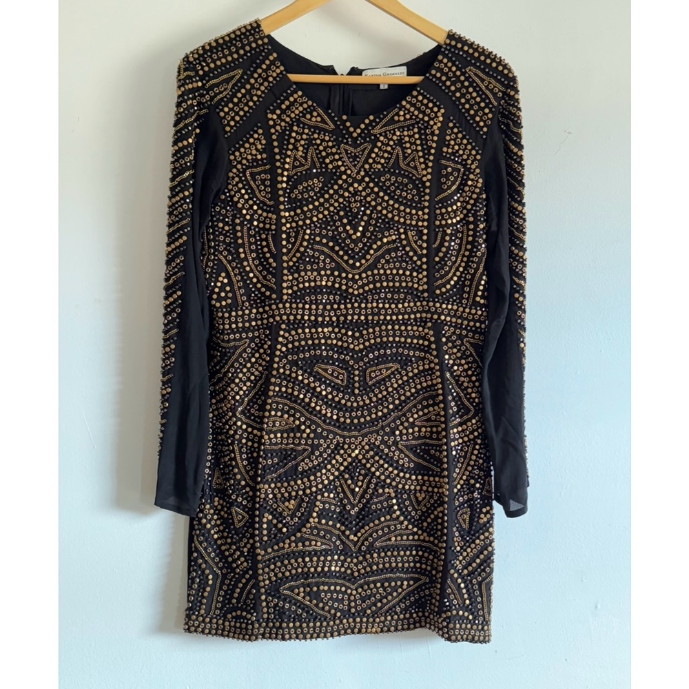 Karina Grimaldi Elegant Black and Gold Patterned Dress